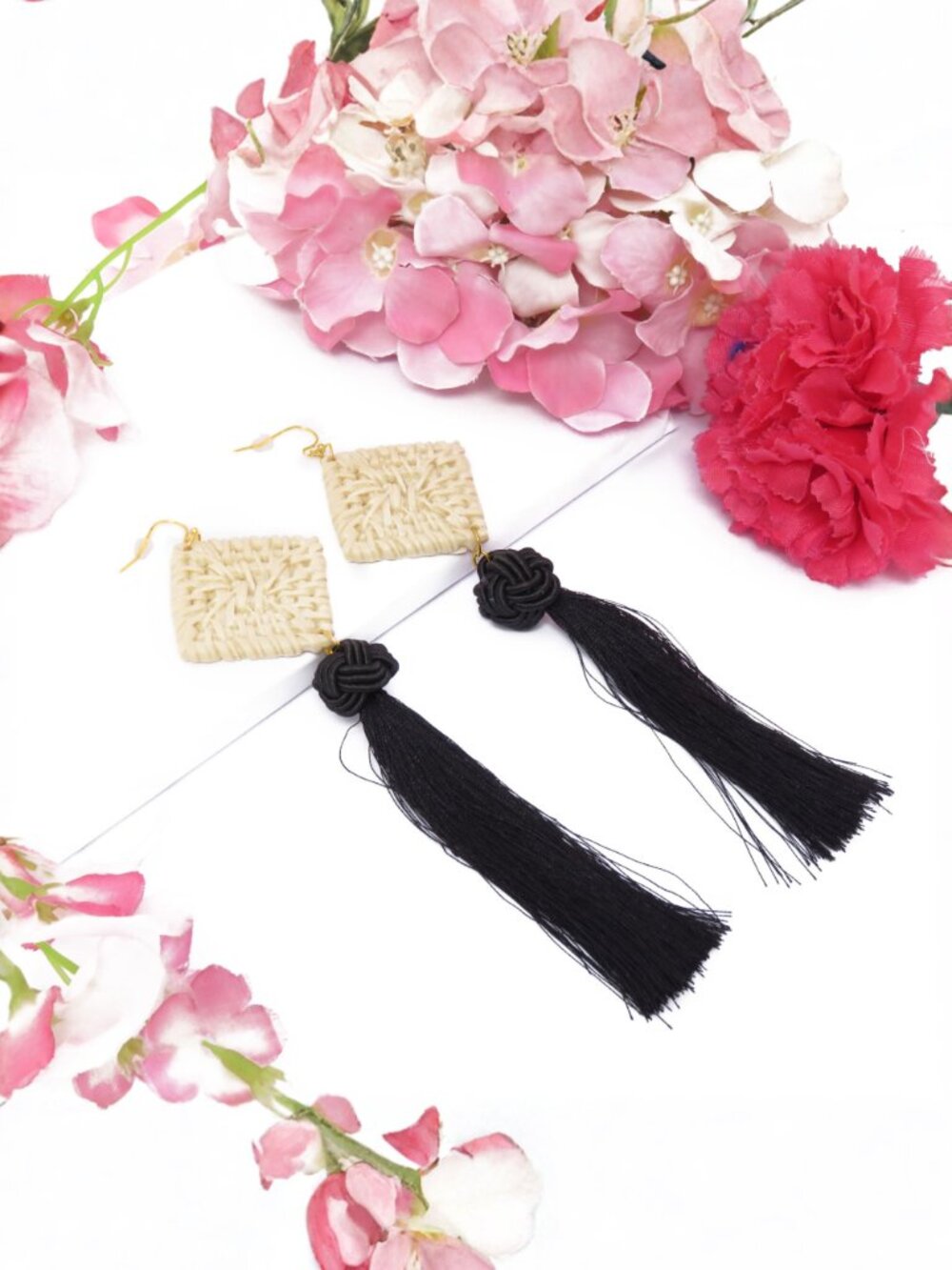 Boho Woven Tassel Earrings for Women Beige Square Rattan & Black Long Tassel